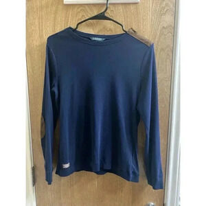Lauren Ralph Lauren Women's Long Sleeve Brown Suede Elbow Patch Top Size L Navy